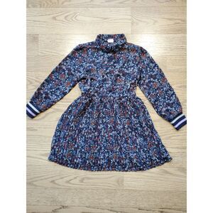 HEMA Girls 110 (US 5T) Floral Pleated Buttoned Collared Dress Navy Long Sleeve